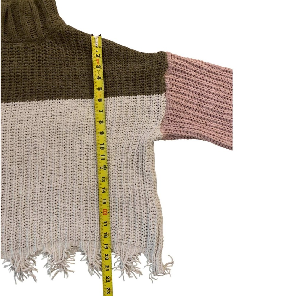 POL Sweater Womens Small Brown Pink Colorblock Fringe Mock Neck MST127 Boho - Picture 5 of 8